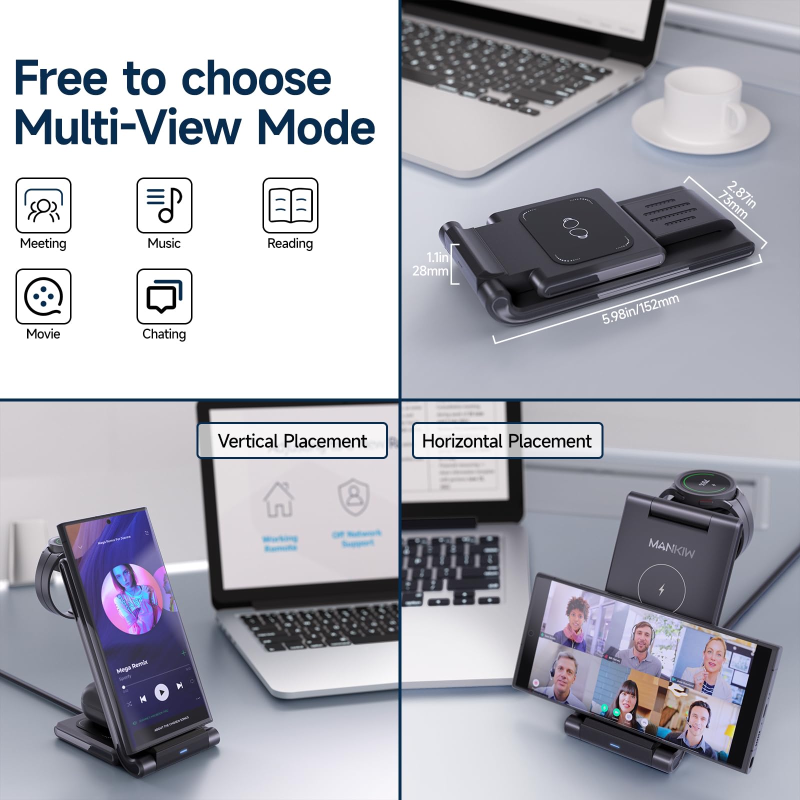 MANKIW Foldable 3-in-1 Wireless Charging Station for Samsung Galaxy S24/S23/S22/S20 Ultra, Z Flip/Fold 5/4/3, Watch 6/5/4/3 & Buds - Fast Qi Charger for Home, Office & Travel