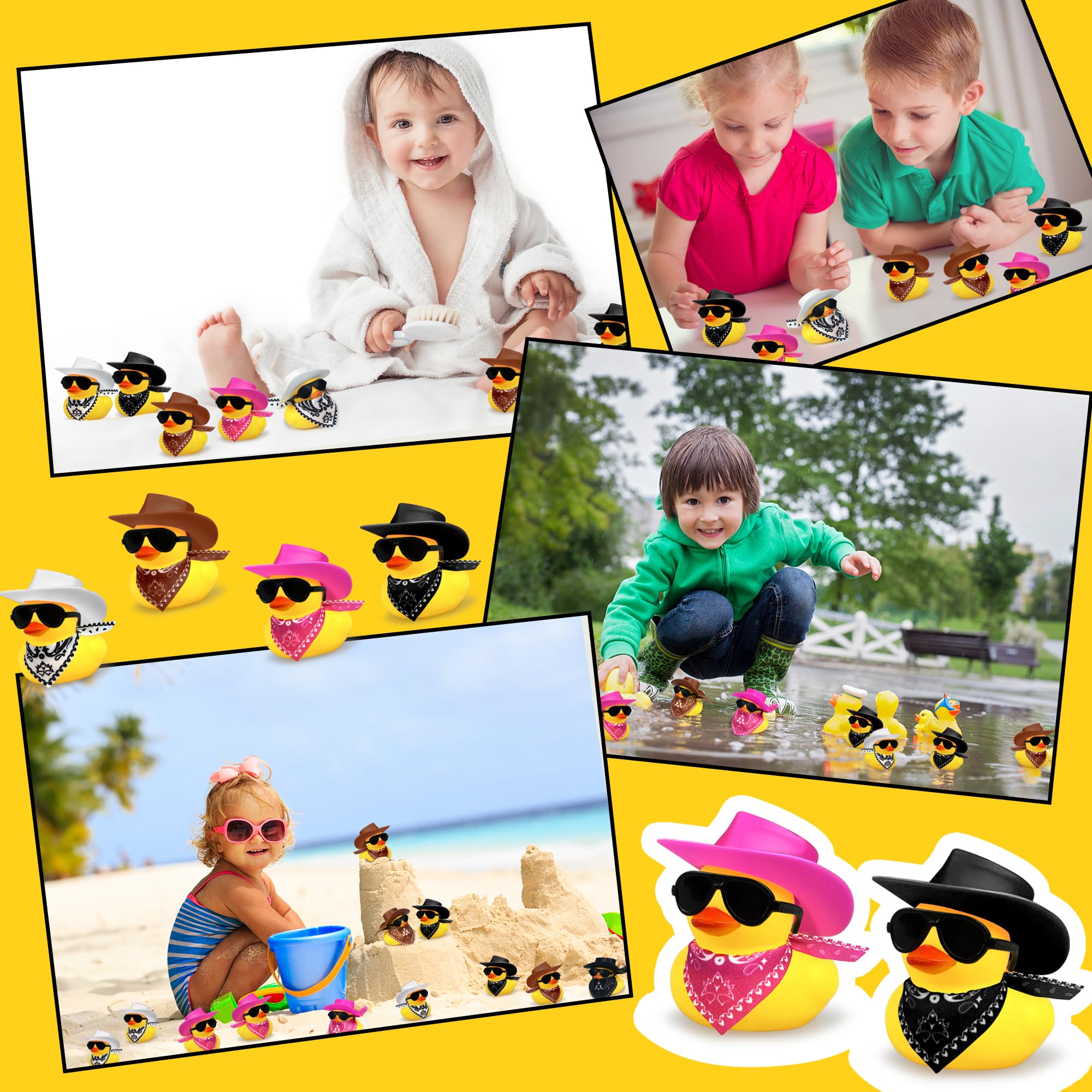 12 PCS Mini Cowboy Duck Toys with Hat & Sunglasses - Fun Party Favors for Birthday, Swimming Party & Pool Decor - Cute Duckies for Kids Gifts & Collectibles