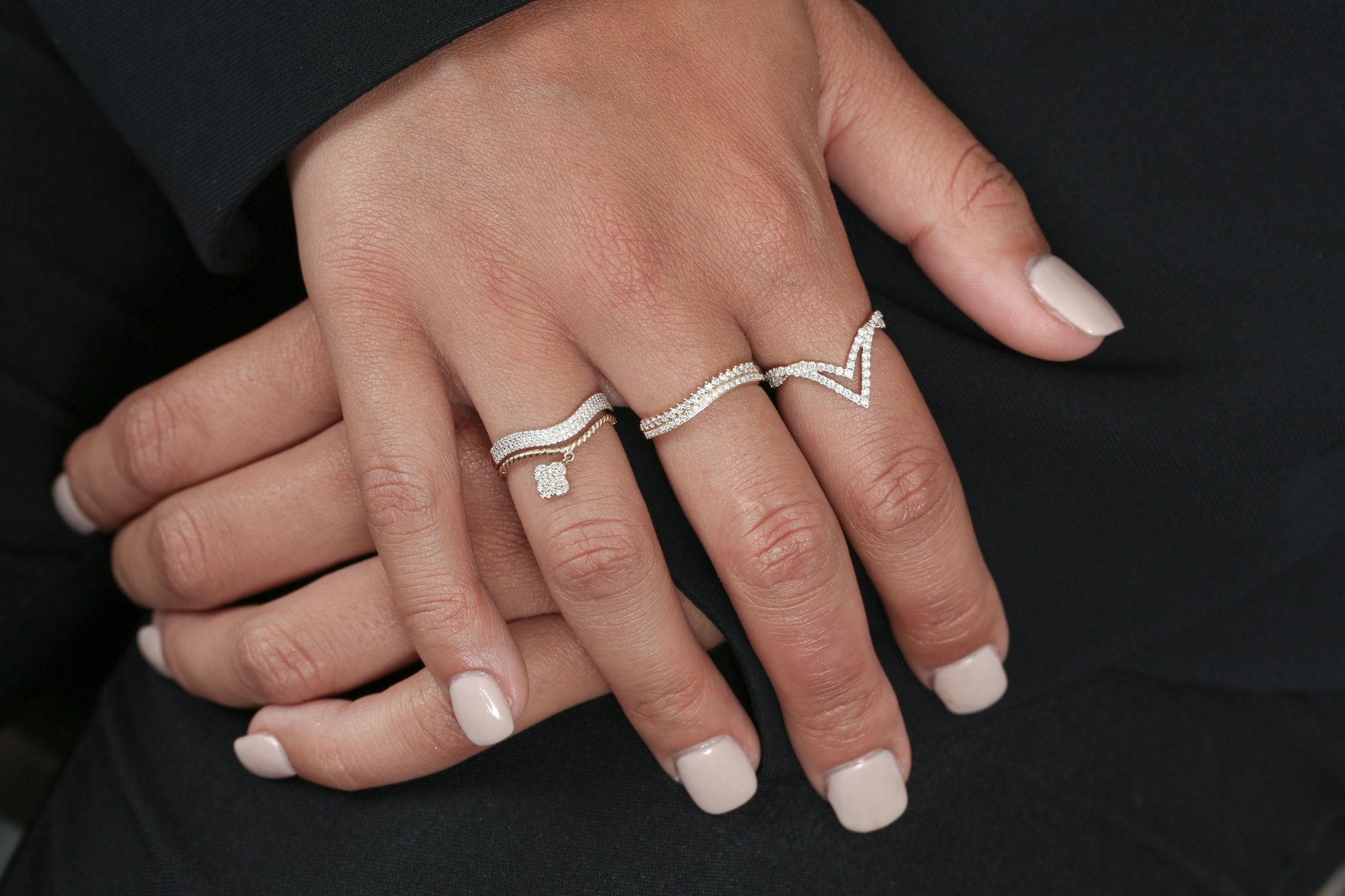 14k Yellow Gold Double Row Diamond Curve Ring for Women - Elegant Stackable Band for Everyday Wear, Anniversary & Gift