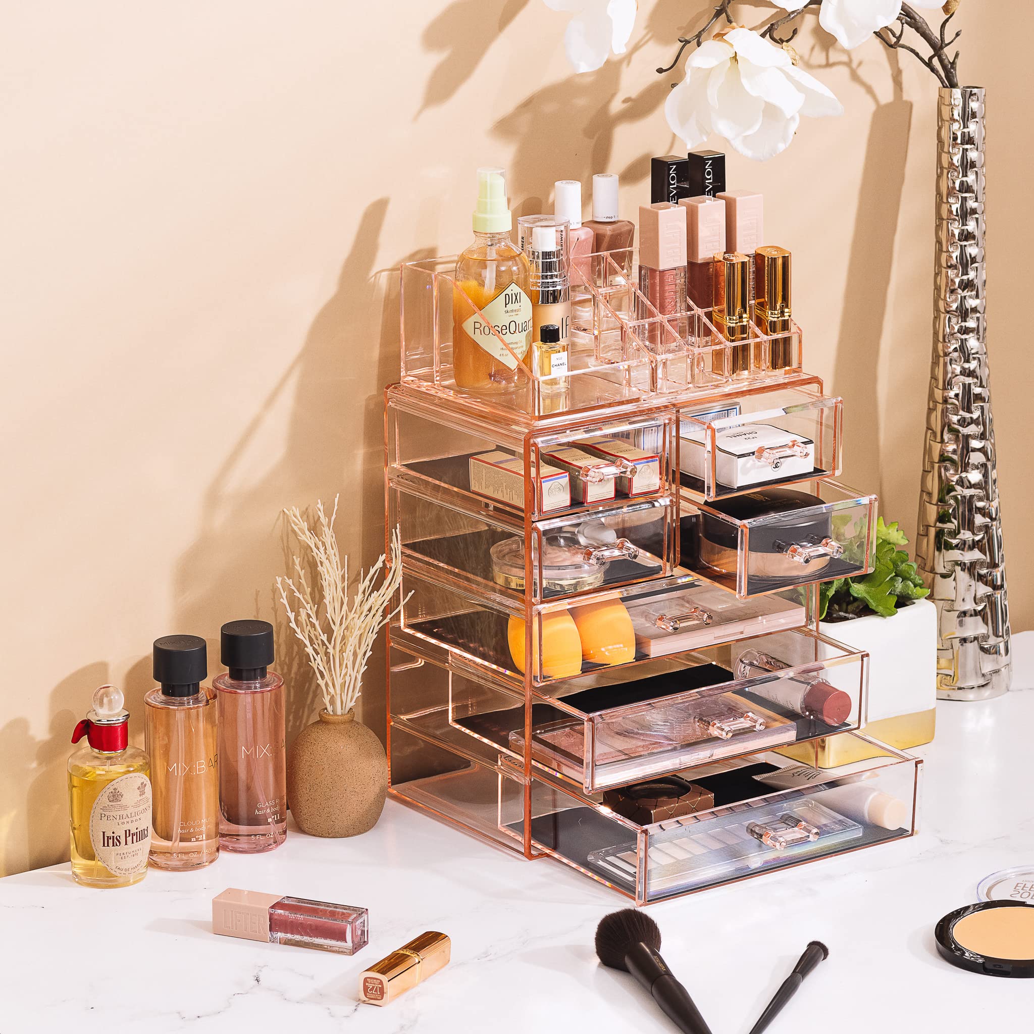 Sorbus Clear Acrylic Makeup Organizer with 3 Large & 4 Small Drawers - Cosmetic & Jewelry Storage Case for Dresser, Vanity, Bathroom Countertop - Pink Beauty Display Box (Perfect for Organizing Lipsticks, Brushes, Earrings & Rings)