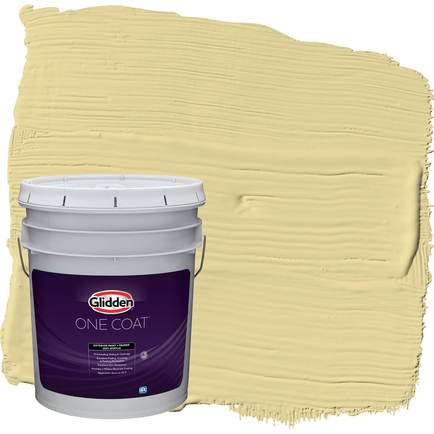 Glidden Exterior Paint + Primer in Twinkle Toes Yellow - One Coat Satin Finish - 5 Gallon Bucket - Weather-Resistant for House, Fence & Outdoor Projects