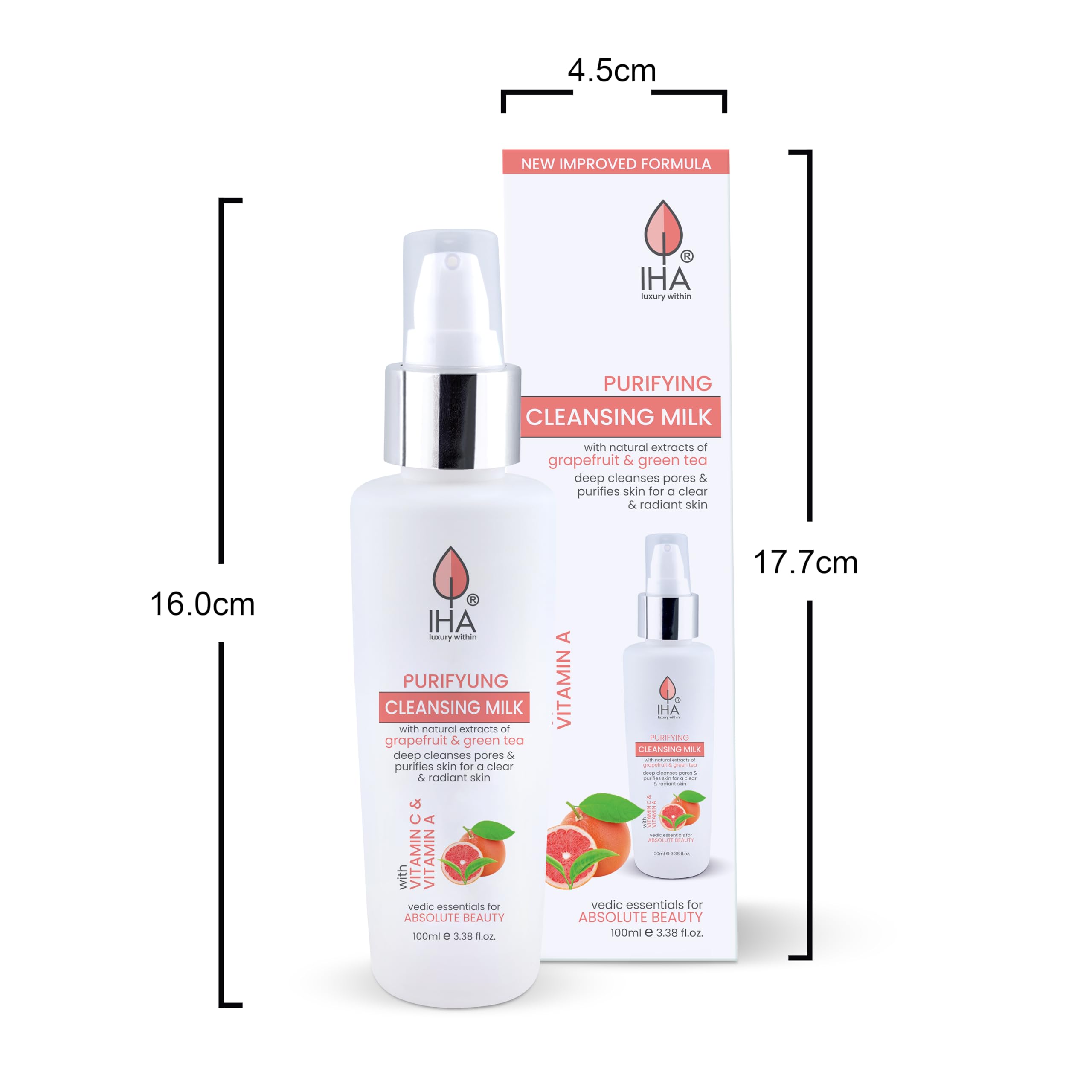 IHA Purifying Herbal Cleansing Milk - Gentle Deep Pore Face Cleanser with Olive, Grape & Green Tea Extract | Hydrating Facial Wash for Dry, Oily & Sensitive Skin | 100ml | Daily Skincare & Makeup Removal
