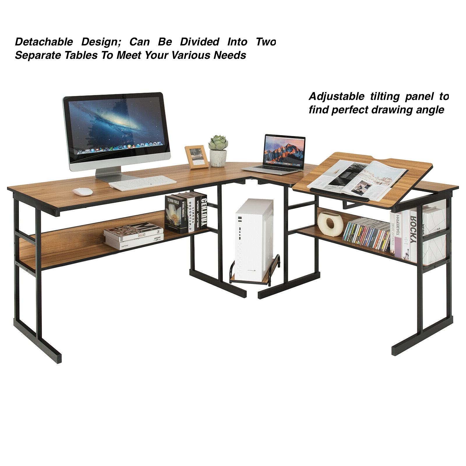 Ergonomic Walnut L-Shaped Corner Desk with Adjustable Tilt Top - Home Office Computer Workstation, Study Table with 2 Open Bookshelves for Laptop, Writing & Drawing - Perfect for Small Spaces, Gaming Setup & Artist Studio