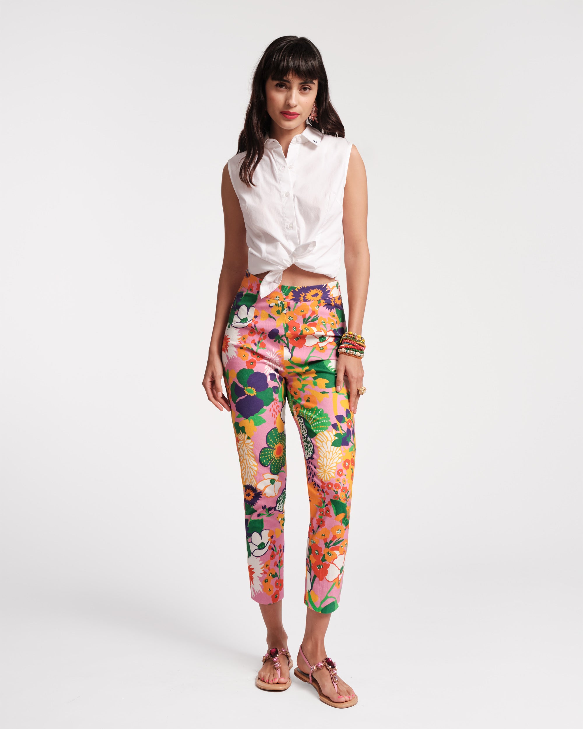 Lucy Cigarette Pants - Floral Print High Waist Slim Fit Women's Trousers for Work, Office & Casual Wear | Botanical Bash Collection