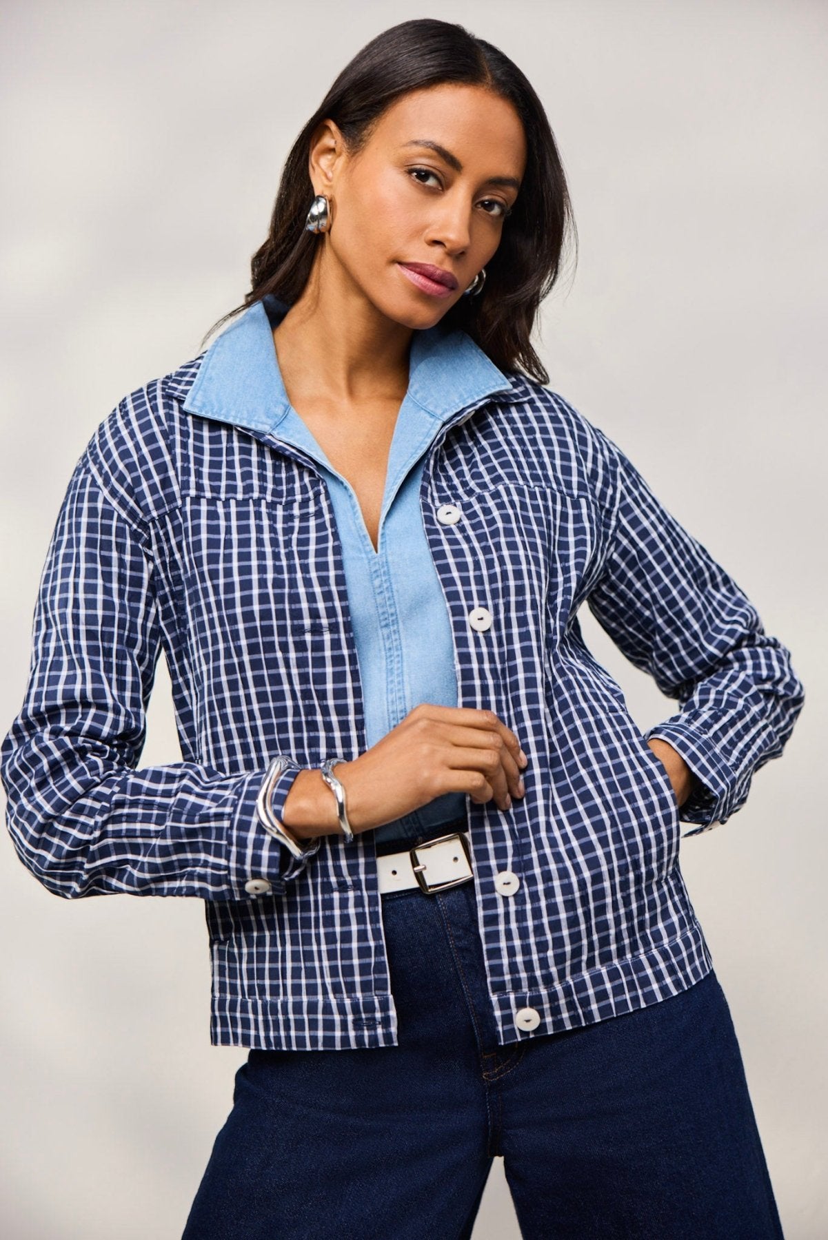 Thelma Crinkle Long Sleeve Denim Jacket for Women - Vintage Distressed Jean Coat - Perfect for Casual Outfits, Fall Layering & Street Style Fashion