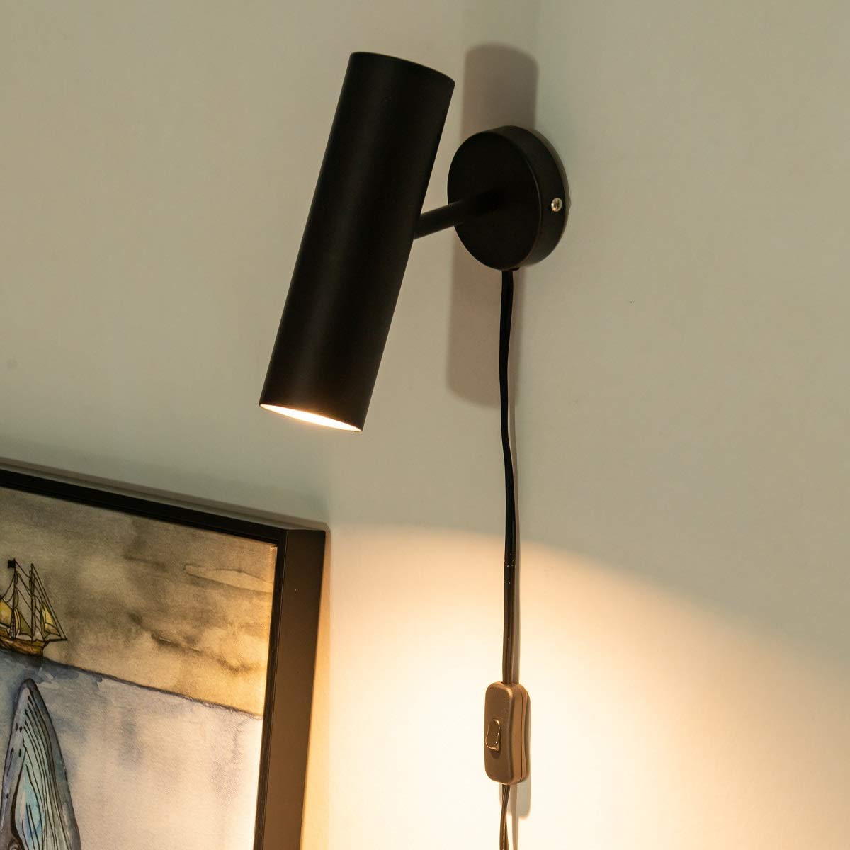 Modern Plug-in Wall Sconce - Minimalist Swivel Wall Lamp with On/Off Switch - Matte Black Finish - Set of 2 - Perfect for Bedroom, Mirror Display & Accent Lighting