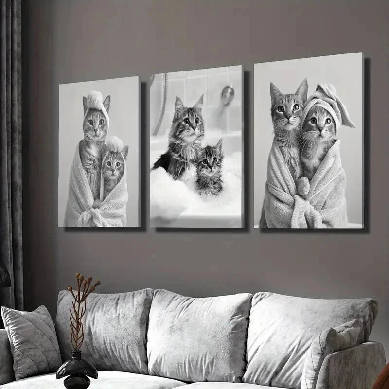 3-Piece Adorable Black and White Cat Wall Art Set - Framed Canvas 50x70cm - High Quality Print - 100% Australian Made - Ready to Hang - Perfect for Living Room, Bedroom & Office Decor