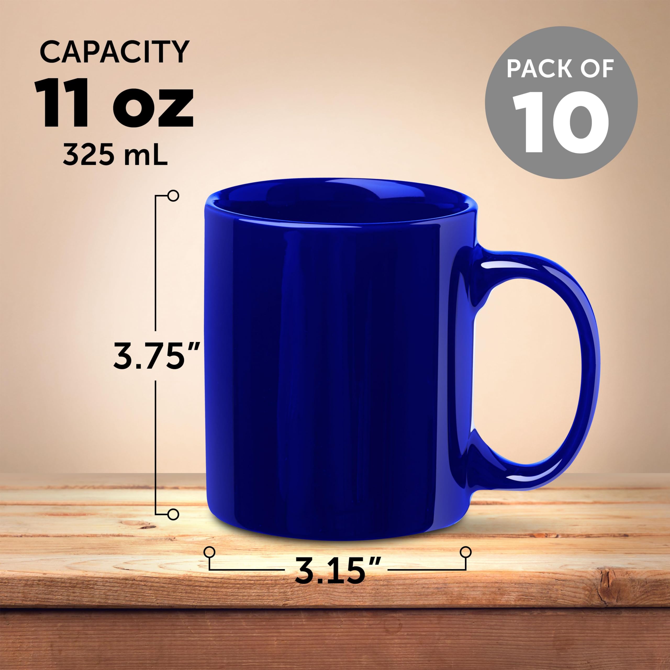 Premium 11 oz Ceramic Coffee Mugs Set of 10 - Bulk Pack for Hot & Iced Coffee, Tea, Gaming - Durable Cobalt Blue Cups for Home, Office, Cafe Use