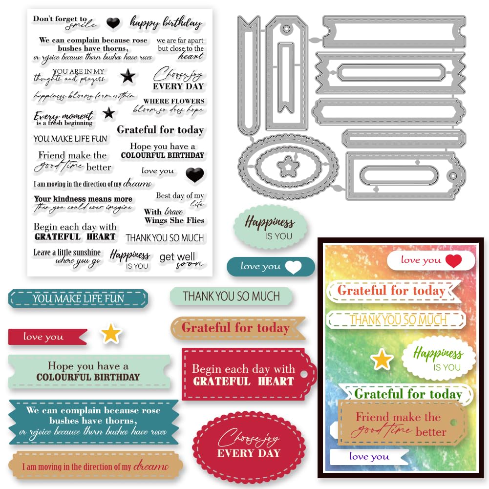 INFUNLY 2-Piece Blessing Words Stamp and Die Set for Card Making - Motivational Quote Silicone Clear Stamps & Label Cutting Dies - Perfect for DIY Scrapbooking, Embossing, Album Decoration and Handmade Greeting Cards