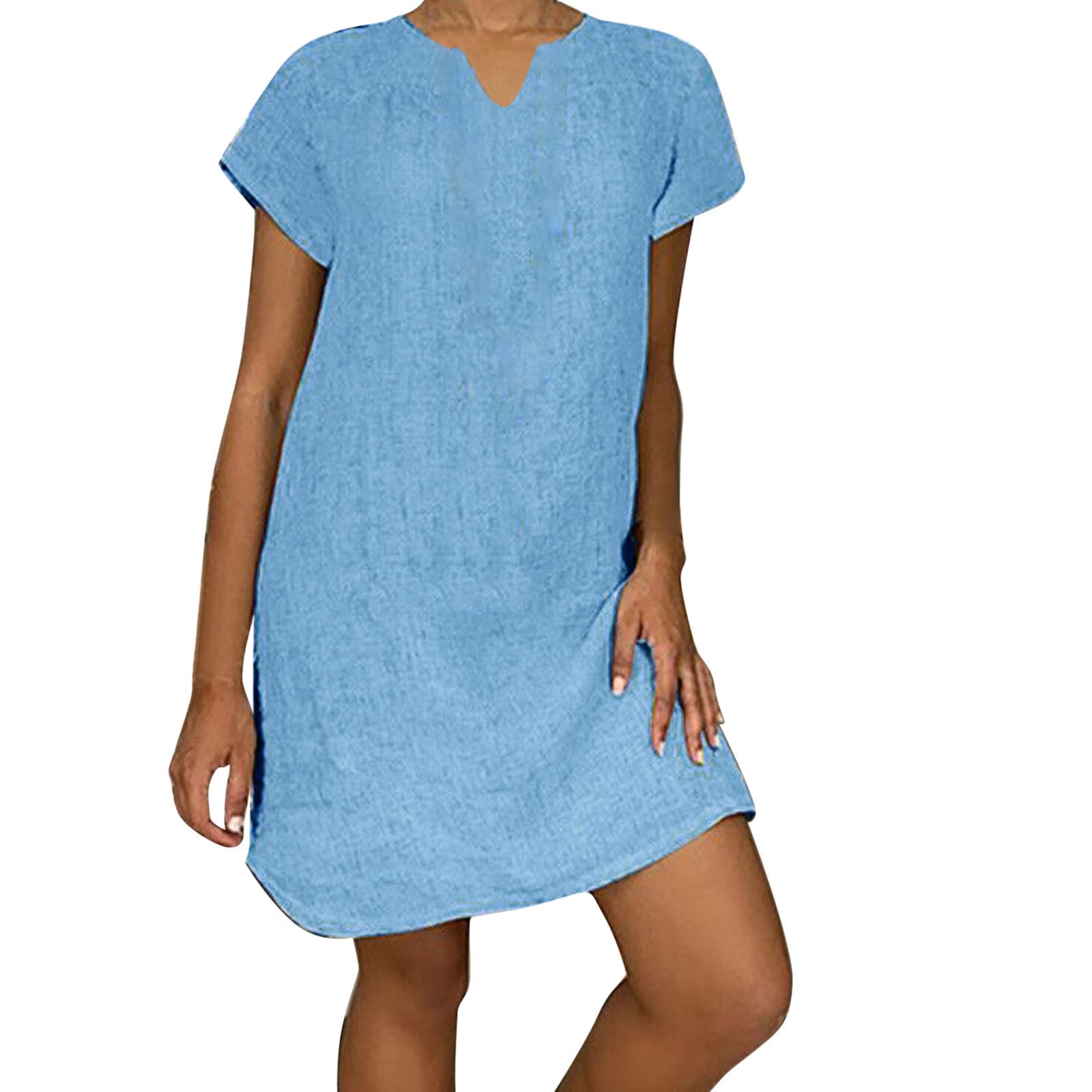 FRETRG Women's Linen Summer Dress - Casual Short Sleeve V-Neck Solid Color Day & Night Dress for Beach, Vacation, and Lounge Wear
