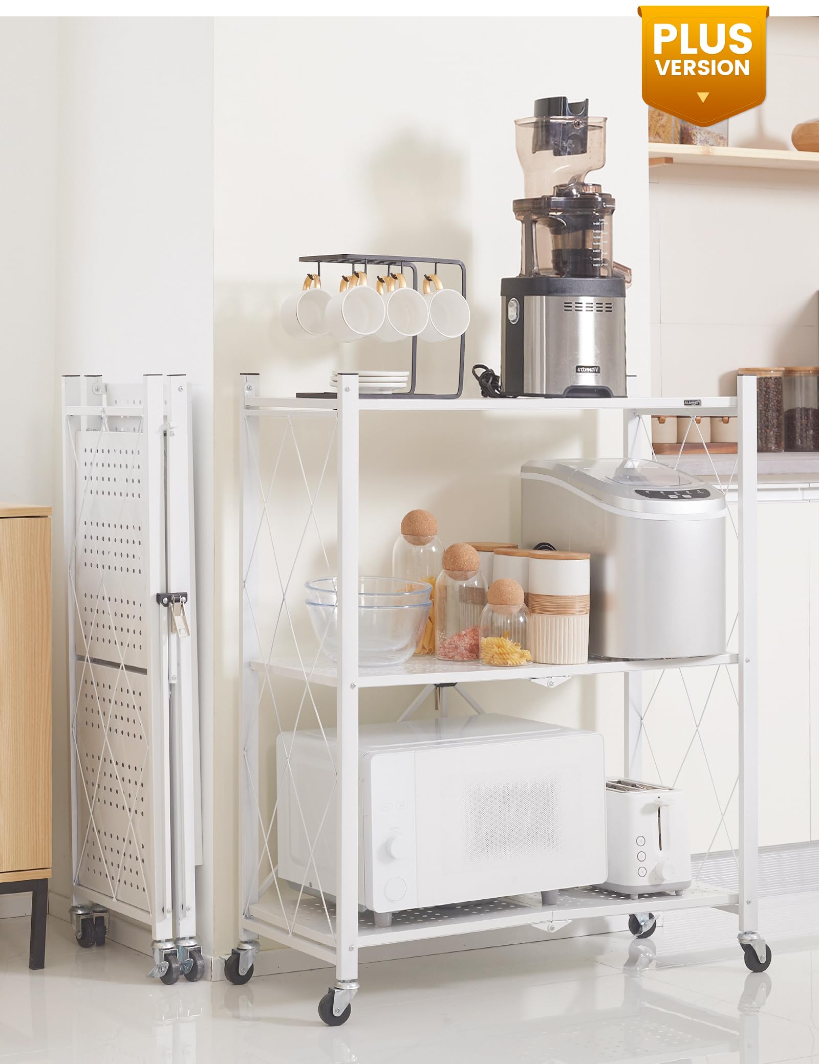 Foldable Metal Storage Shelves with Wheels - 3-Tier White Bookshelf for Kitchen, Office, Laundry & Garage - Easy Assembly Free Organizer for Home Storage & Space Saving