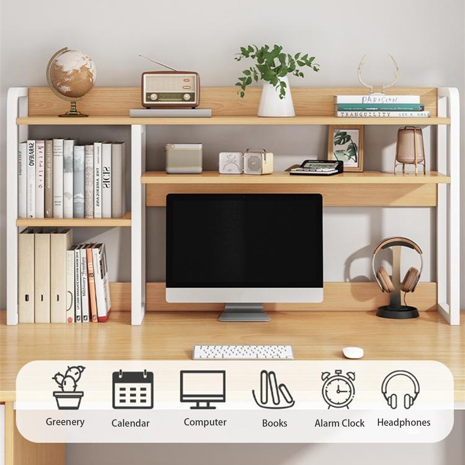 Aupekro 2 Tier Metal Desktop Bookshelf - Computer Desk Organizer with Countertop Hutch, Space Saving Bookcase & Office Supplies Storage Shelf for Home, Dorm, Office | Perfect for Displaying Books, Decor & Work Essentials