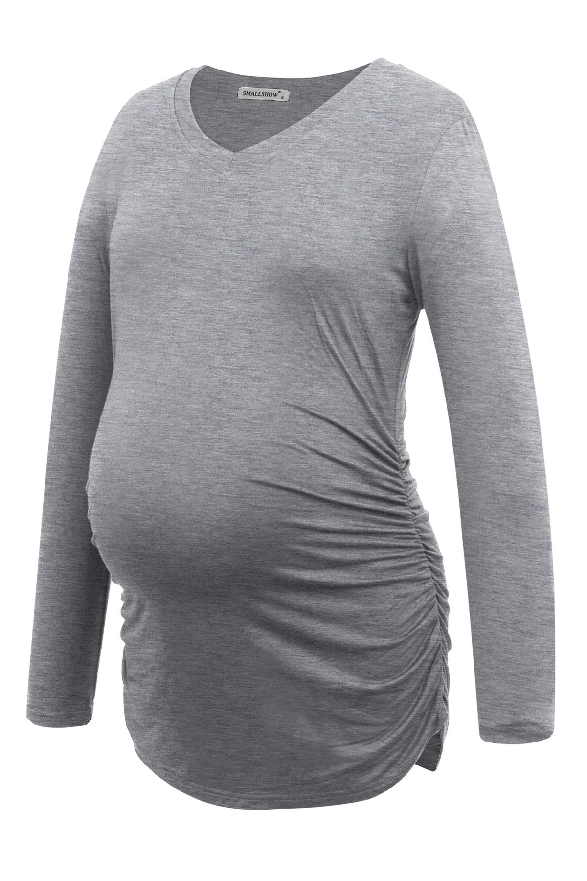 Smallshow Women's V-Neck Maternity Shirt - Long Sleeve Ruched Pregnancy Top for Work & Casual Wear | Comfortable Nursing & Maternity Clothes for Expecting Moms