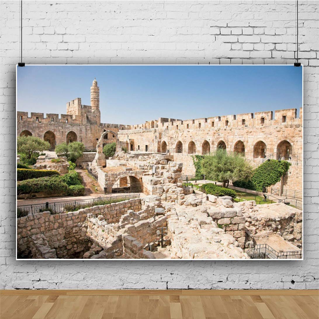 7x5ft David Tower Photography Backdrop - Old City Jerusalem Scenery, David Tower Museum & Ancient Ruins Background for Historical Photo Shoots, Travel Vlogs, and Themed Events