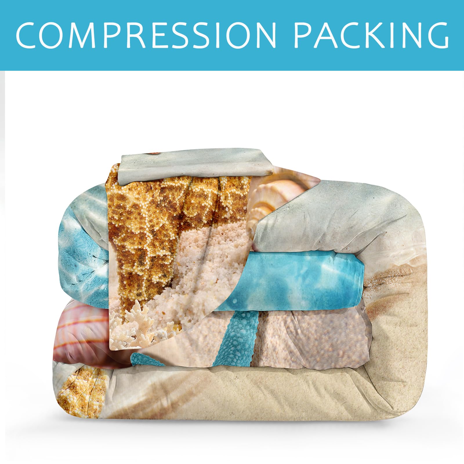Queen Size Coastal Beach Theme Comforter Set - Turquoise Ocean Starfish Marine Life Bedding, Soft Microfiber 3-Piece Quilt Set (Aqua) | Perfect for Beach House, Guest Room & Coastal Decor