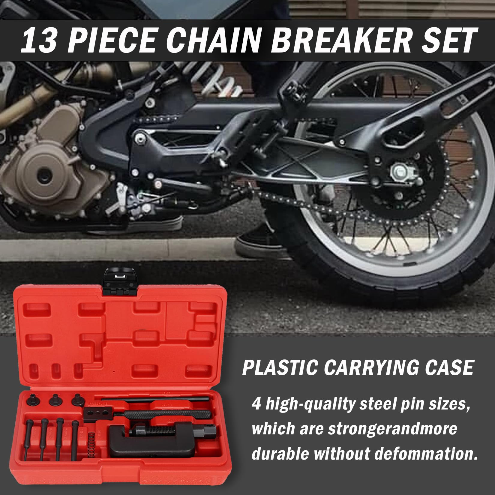 13-Piece Motorcycle Chain Breaker & Riveting Tool Kit - Heavy Duty Chain Cutter & Repair Set for Dirt Bikes, ATVs, and Motorcycles - Perfect for Trailside Repairs and Garage Maintenance