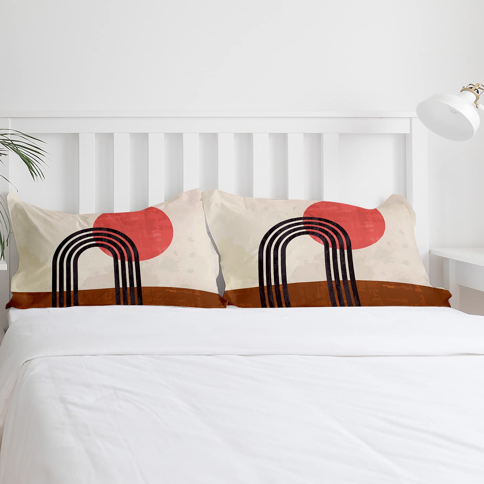 Cal King Duvet Cover Set 4-Piece - Abstract Red Sun Geometric Design, Lightweight Microfiber Bedding for Adults & Teens | Mid-Century Modern Style for Master Bedroom & Guest Room