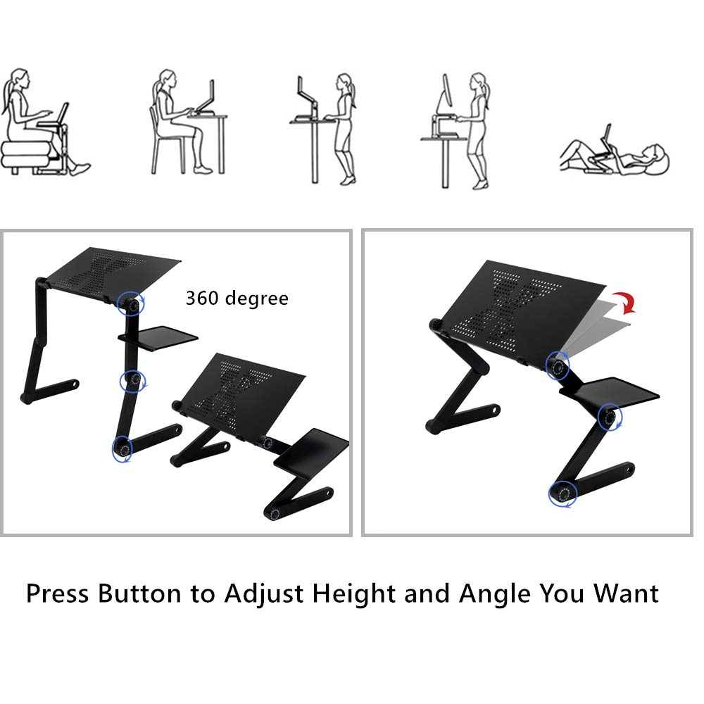 Ergonomic 360° Adjustable Laptop Stand with Cooling Fan & Mouse Pad, Portable Aluminum Folding Bed Tray for Sofa, Couch, Home, Office - Perfect for Remote Work, Gaming, and Study (Black)