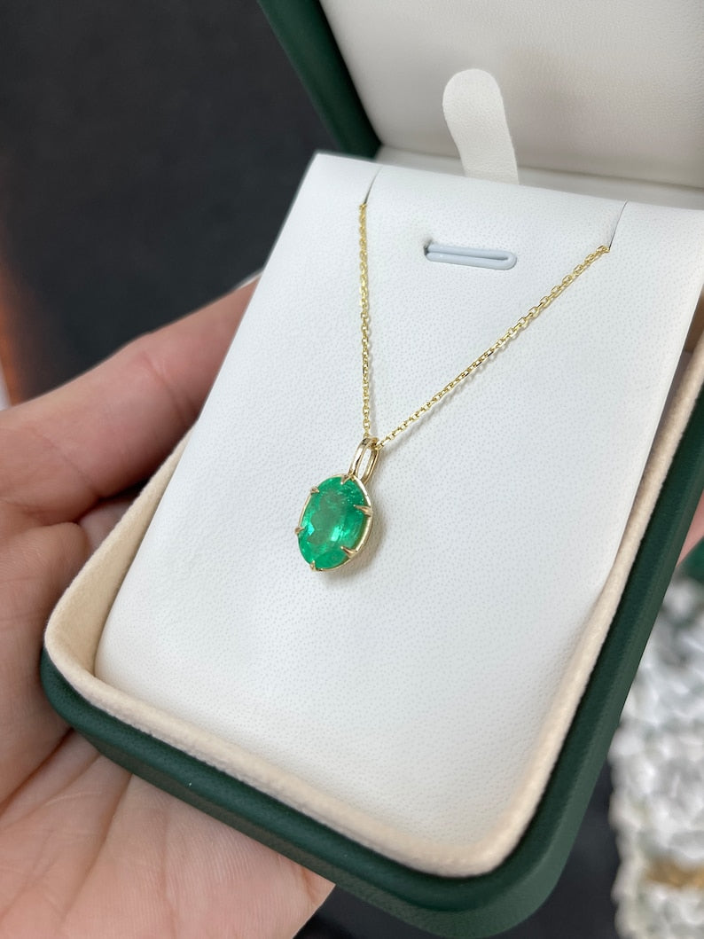 3.0 Carat Natural Green Emerald Solitaire Oval Pendant Necklace - 6 Prong Gold Setting for Women - Perfect for Weddings, Anniversaries & Special Occasions