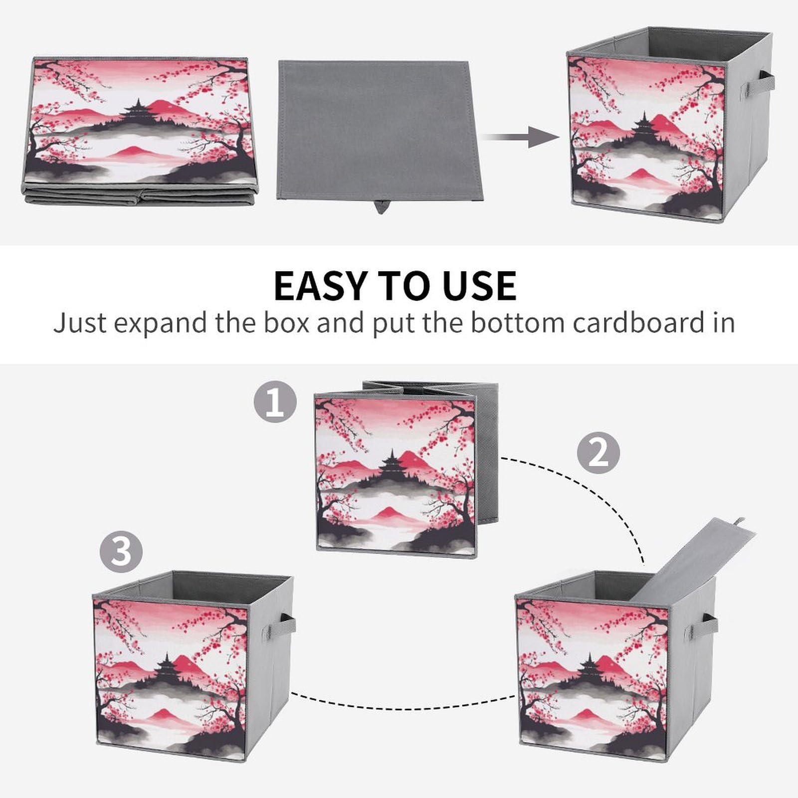 6-Piece Collapsible Storage Bins with Cherry Blossom & Mount Fuji Print - Foldable Storage Containers with Handles for Home Organization, Closet, Pantry, Nursery & Office Shelves | Space-Saving Multi-Purpose Storage Boxes & Baskets