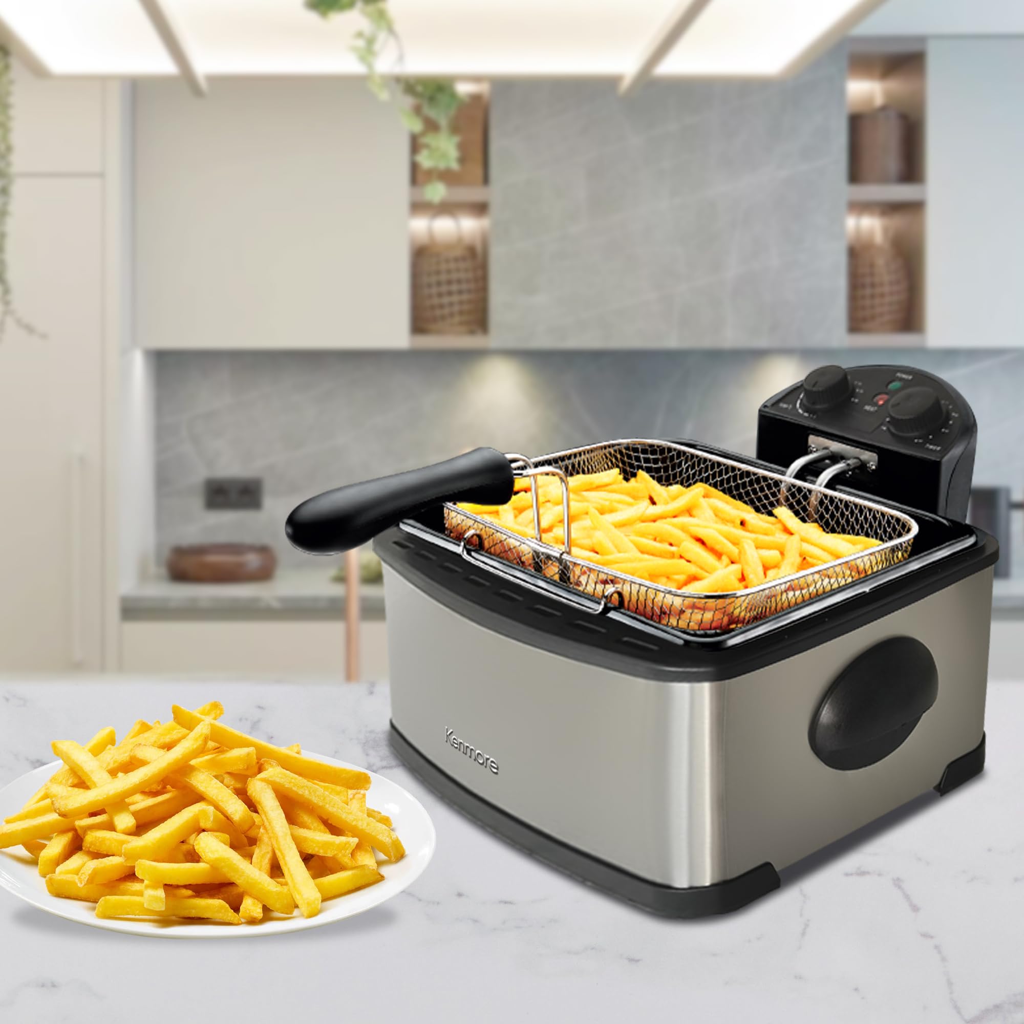 Kenmore Electric Deep Fryer with Grease & Odor Filtration - 4L Stainless Steel Deep Fryer with 3 Baskets, Easy Temperature Control for French Fries, Chicken Wings & More - Perfect for Home Kitchen, Parties & Restaurants