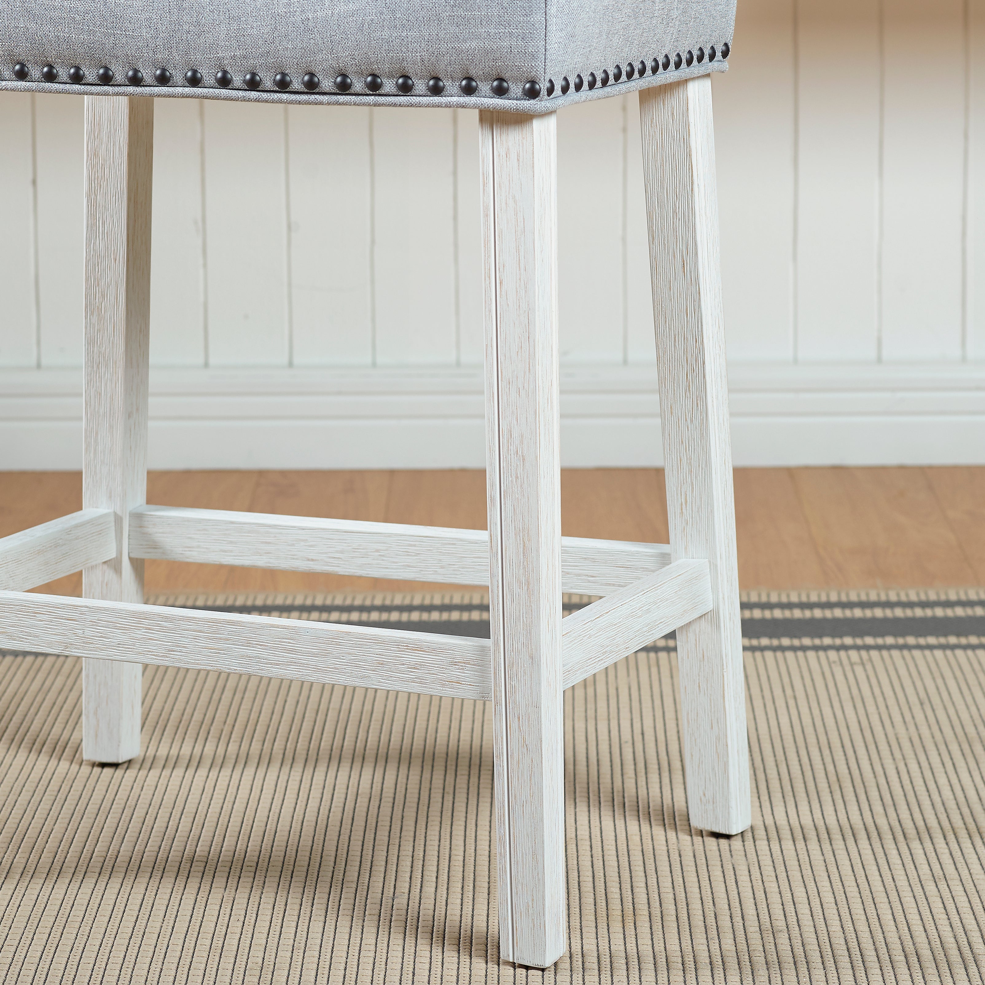 Roundhill Furniture CoCo Upholstered Counter Height Bar Stools - Set of 2, Gray Fabric with White Washed Finish, Saddle Seat - Perfect for Kitchen Islands, Breakfast Bars & Home Decor