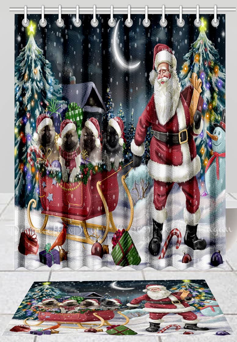 Keeshond Dogs Christmas Santa Sled Shower Curtain and Bath Mat Set - Anti-Slip Bathroom Decor, Plush Rug, Polyester Bathtub Curtain with Hooks (Bath Mat 16x28 inches, Shower Curtain 36x72 inches) - Perfect for Holiday Bathroom Decor and Pet Lover Gifts