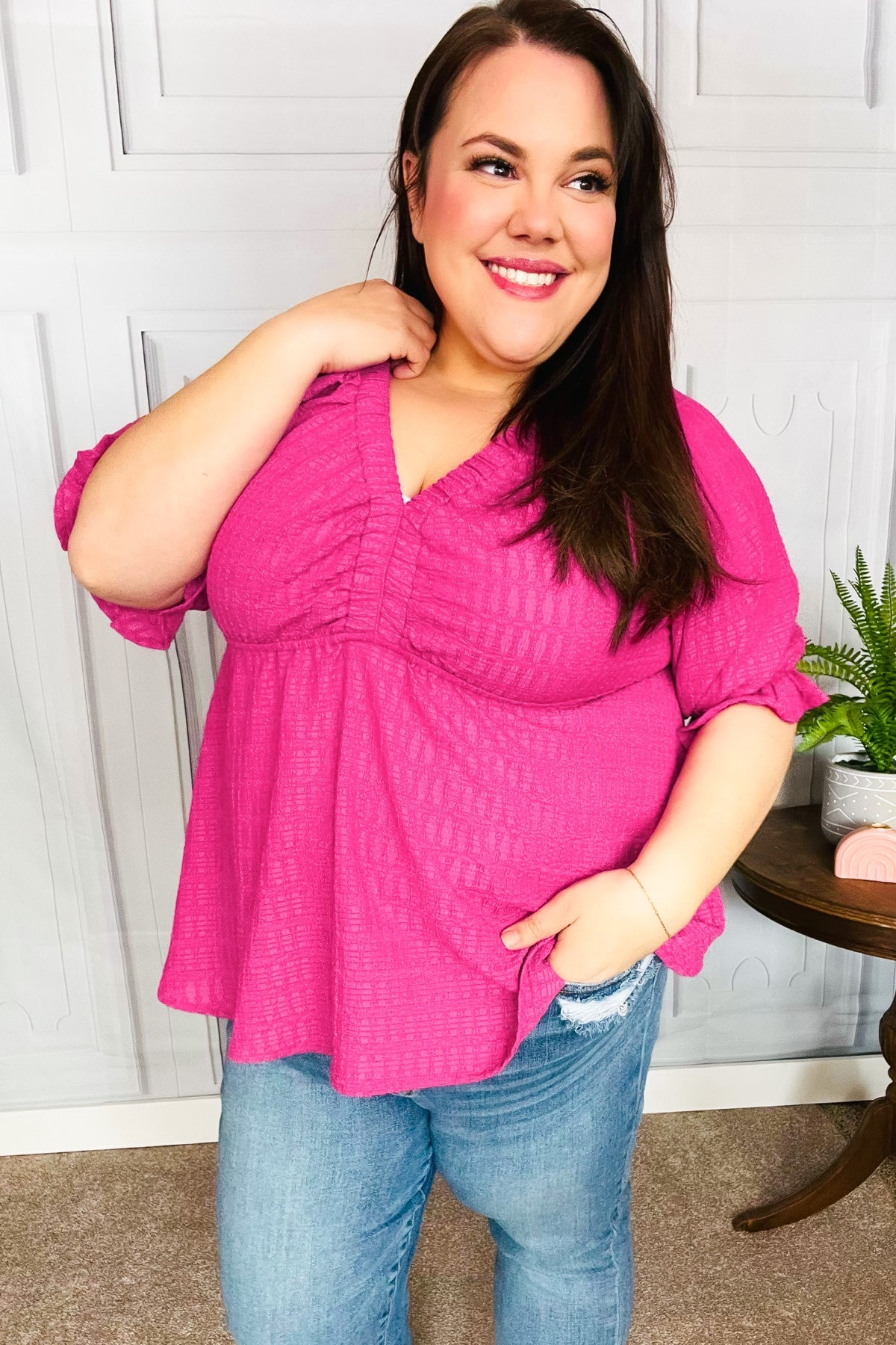 Fuchsia Textured V-Neck Babydoll Top for Women - Sexy Lace Trim Cami Blouse for Date Night & Party Outfits