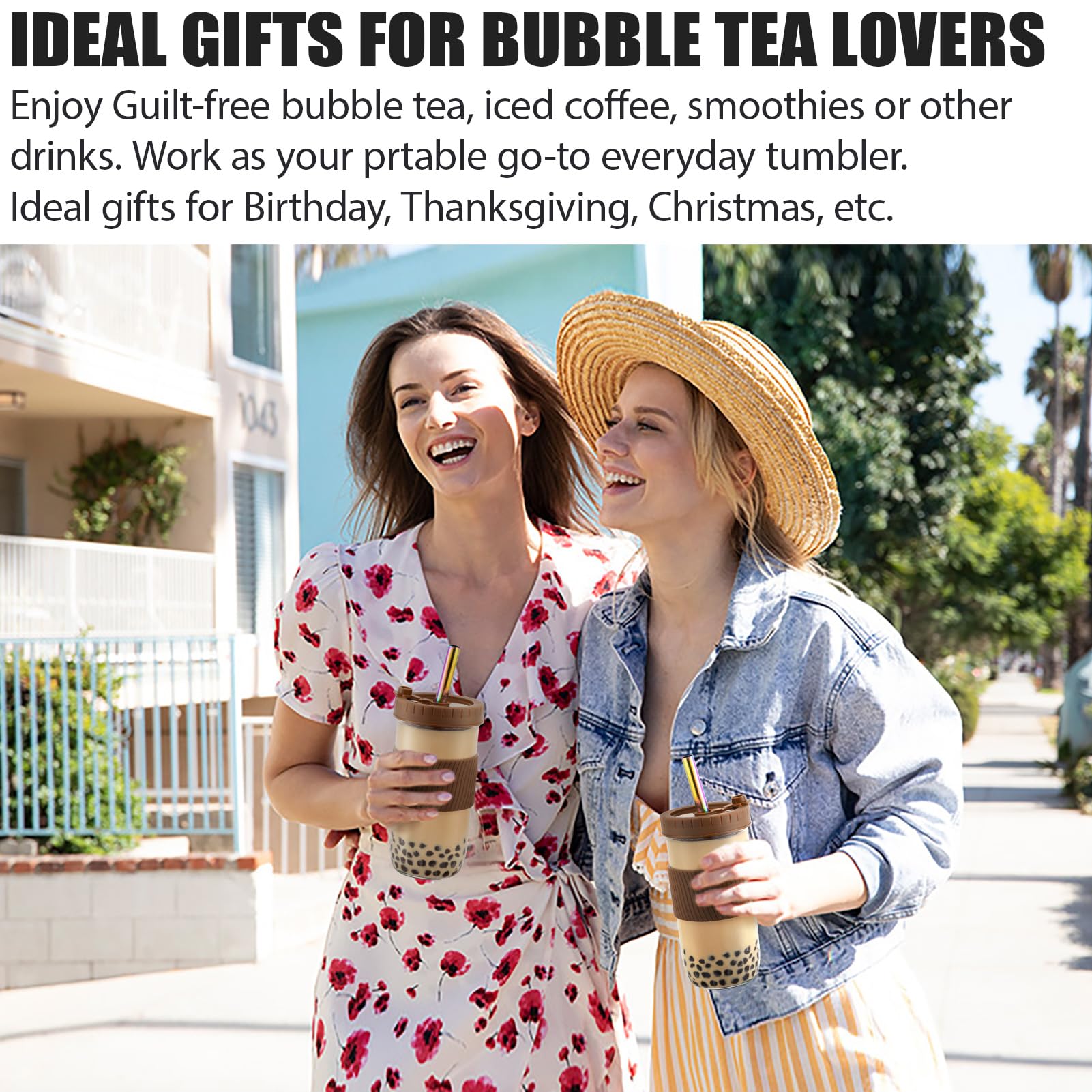 Reusable 24oz Glass Mason Jars with Lids & Straws - 2 Pack Wide Mouth Smoothie Cups, Bubble Tea Glasses with Silicone Sleeves - Leakproof Travel Tumbler for Iced Coffee, Juice & Large Pearls - Perfect for Home, Office & Birthday Gifts