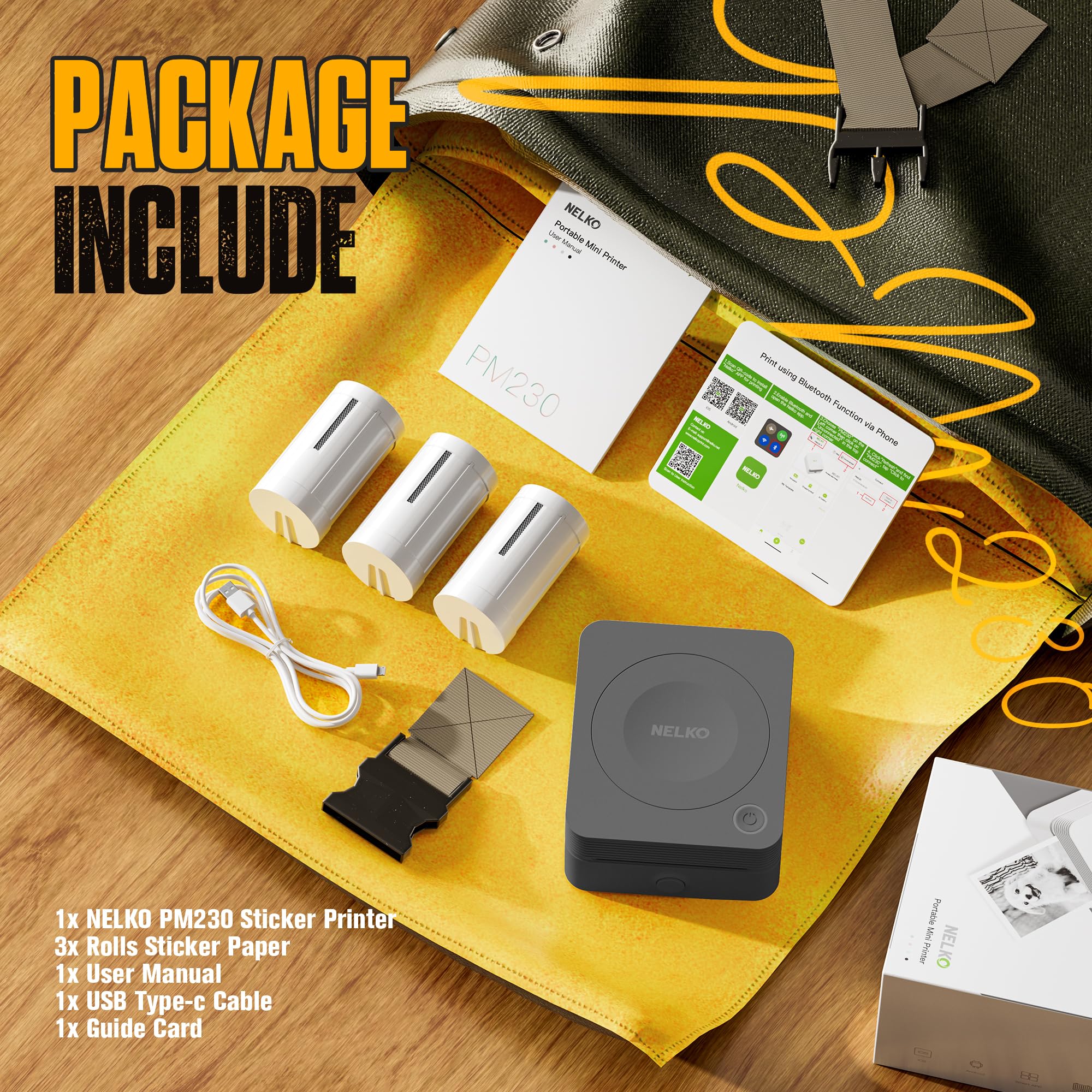Nelko PM230 Print Pod Mini Bluetooth Sticker Printer - Portable Label Maker with 3 Paper Rolls & Multiple Templates for Phone, Tablet - Ideal for DIY Crafts, Scrapbooking & Home Organization (Black, 1 Pack)