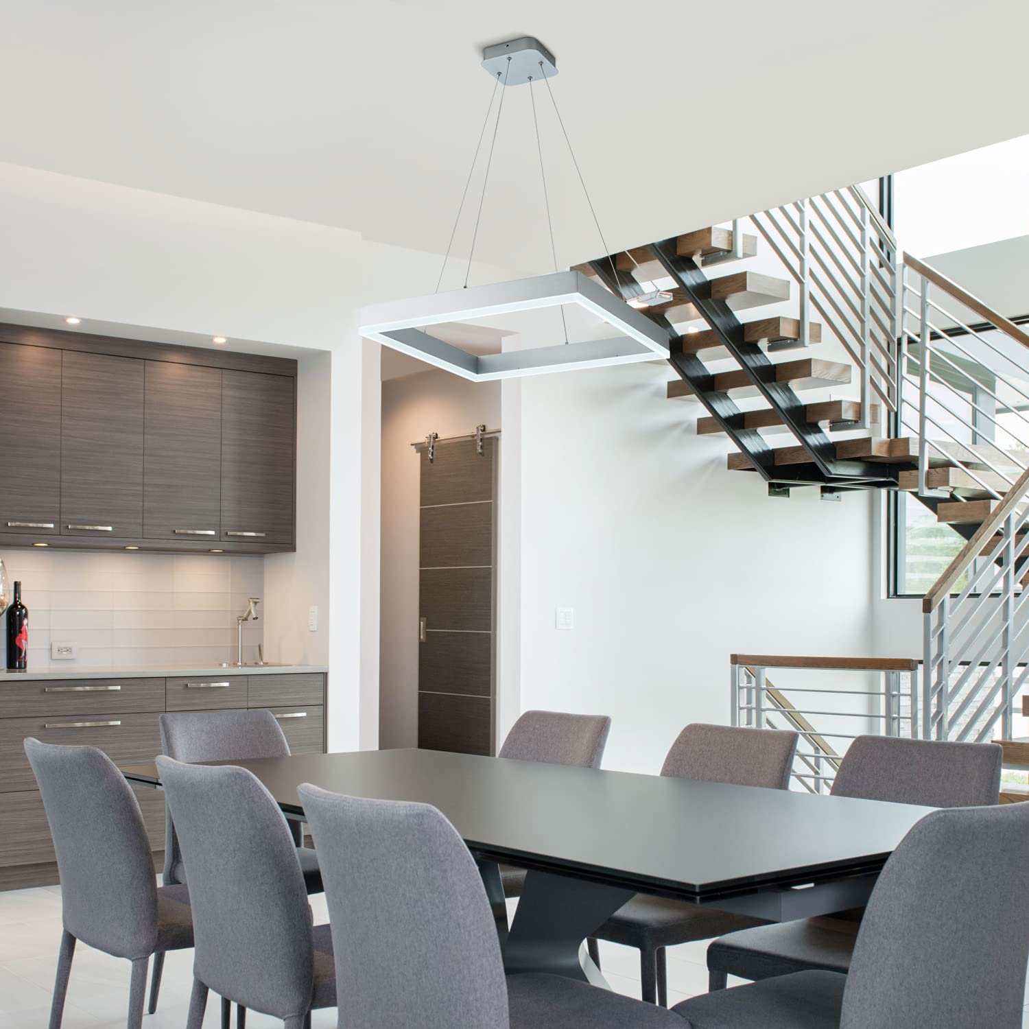 Modern Square LED Chandelier - Dimmable Contemporary Pendant Light for Dining Room, Kitchen, Office & Foyer - Cool White 6000K Silver Finish - Perfect for Home Decor, Modern Interior Lighting & Stylish Room Ambiance