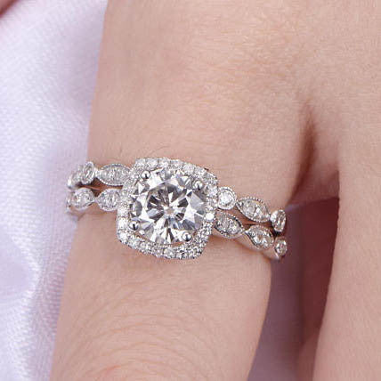 Art Deco Moissanite Engagement Ring Set with 6.5mm Round Cut & Cushion Diamond Halo - 14k White Gold Marquise Wedding Band for Women | Perfect for Proposals, Anniversaries & Bridal Jewelry