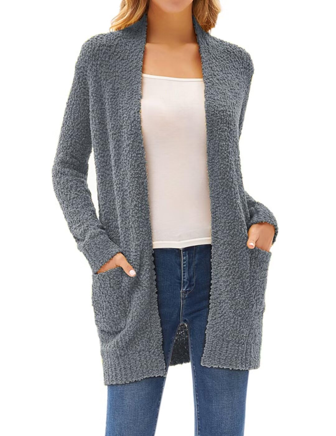 GRACE KARIN Women's Long Fuzzy Cardigan Sweater - Open Front Chunky Knit Coat with Pockets | Cozy Winter Layering for Office, Casual Outfits & Home Wear
