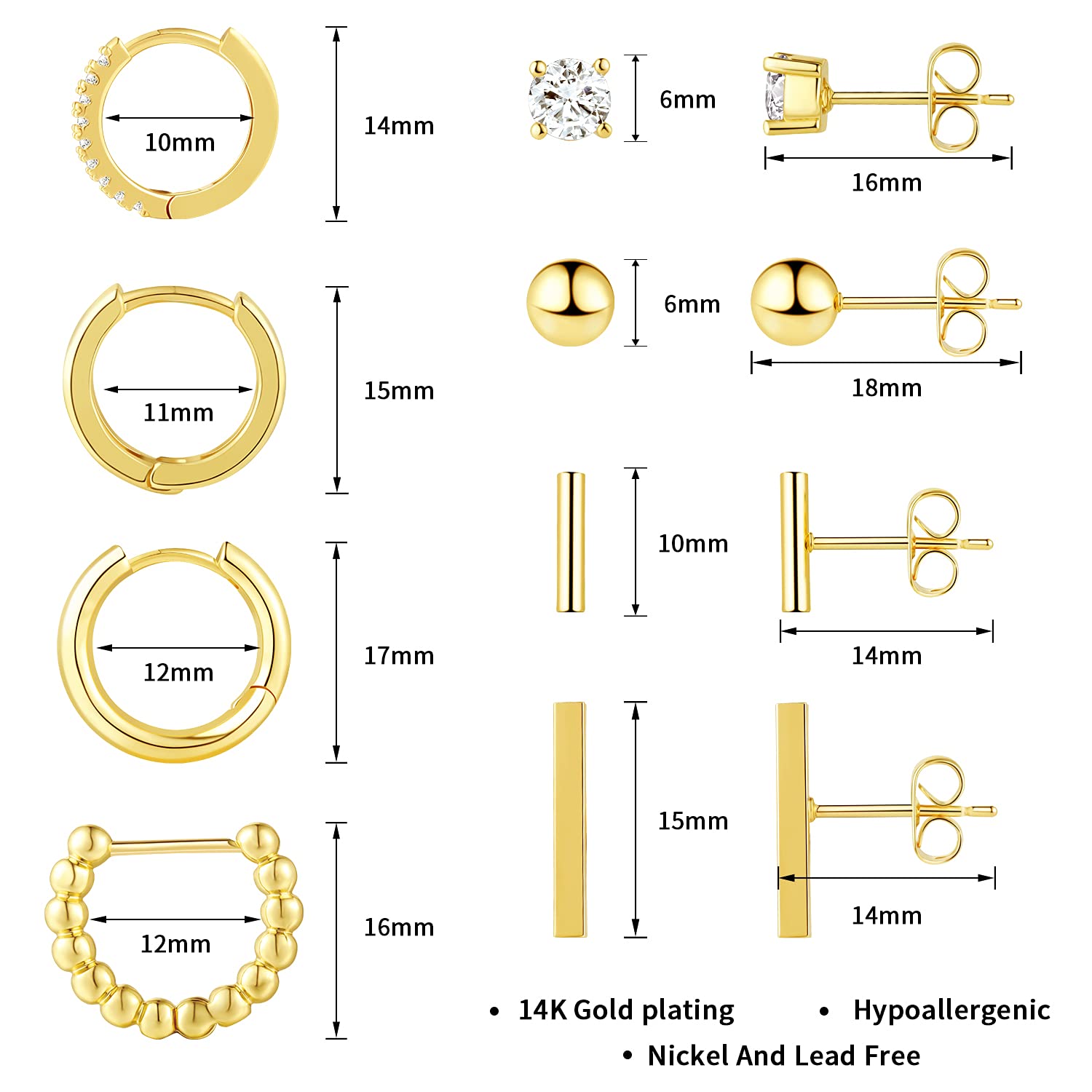 Dreamfox 6/8 Pairs Small Hypoallergenic 14K Gold Plated Huggie Hoop Earrings for Women - Minimalist Huggie Stud Earrings Set, Perfect Christmas Gift for Everyday Wear, Parties & Special Occasions