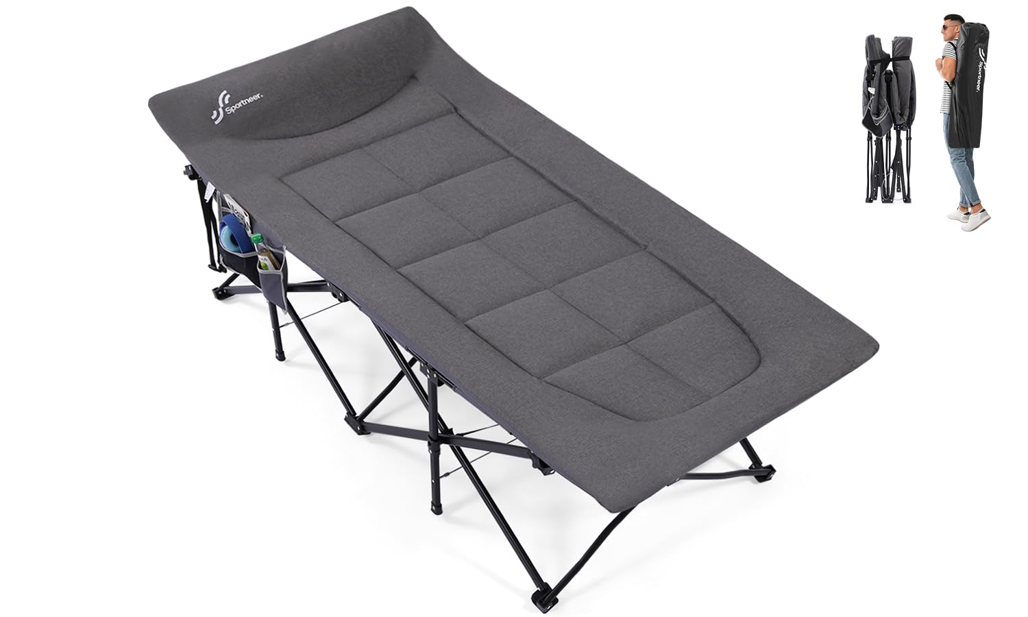 Sportneer Extra Wide Heavy Duty Folding Camping Cot for Adults - Padded Cushion with Headrest, Portable Sleeping Bed for Camping, Tent, Office & Travel - Durable Foldable Cot for Outdoor Adventures & Guest Accommodation