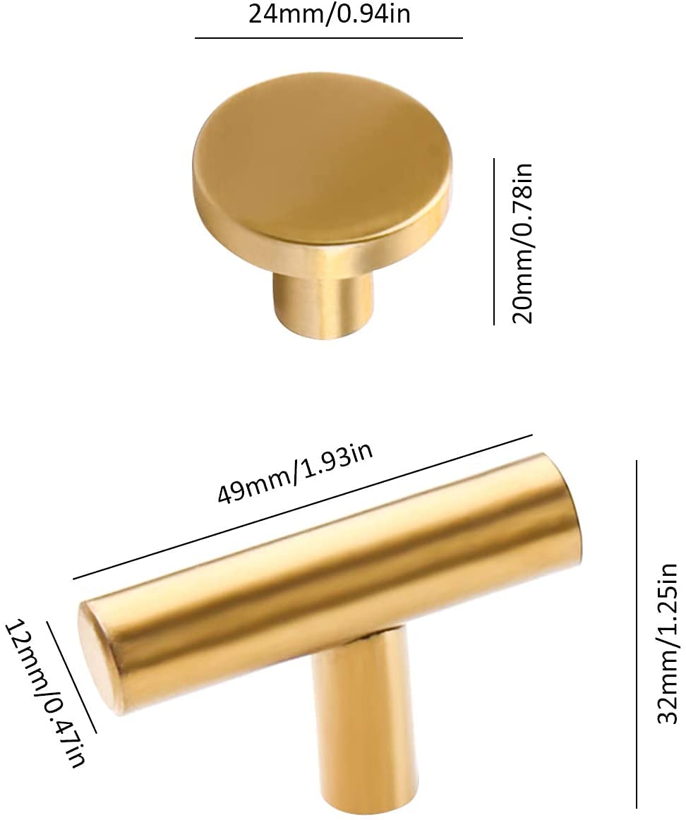 Stainless Steel Cabinet Knobs - 6 Pack Silver T-Bar Drawer Pulls for Kitchen Cabinets, Single Hole Furniture Handles (50mm/2 Inch Length, Gold 2) - Perfect for Modern Home & Office Storage Organization