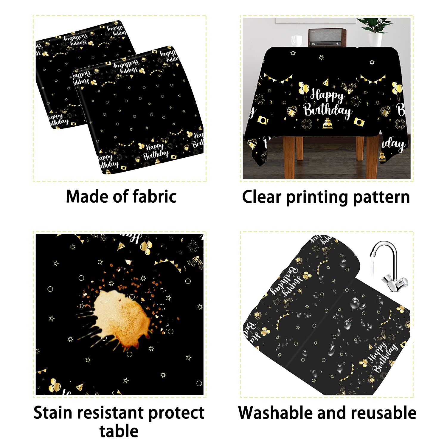 Happy Birthday Tablecloth - Black Washable & Reusable Party Table Cover for Adults - 1 Pack - Perfect for Birthday Parties, Anniversary Celebrations & Special Events