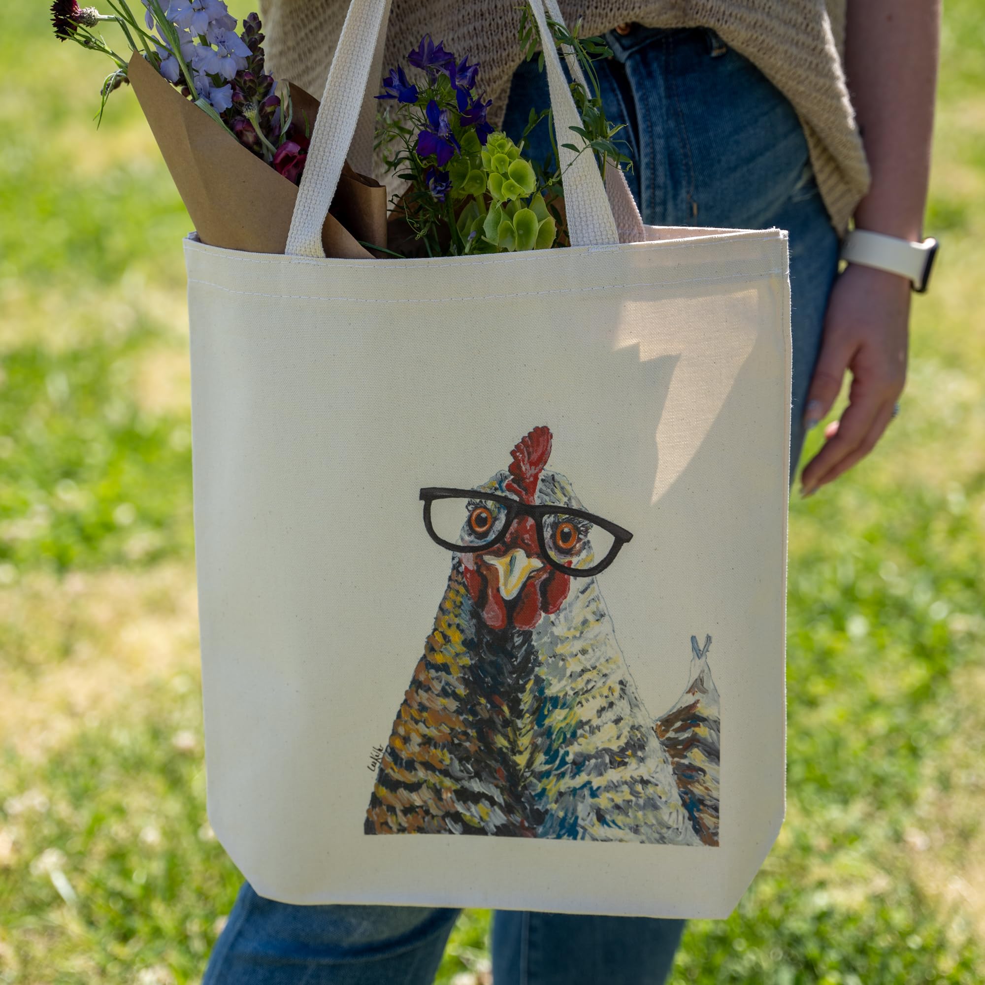 Chicken Tote Bag - Funny Chicken with Glasses Design - Handmade Canvas Reusable Shopping Bag - Perfect Gift for Chicken Lovers & Mom - Durable Grocery & Beach Tote - Great for Shopping, Farmers Market, Picnics & Beach Outings