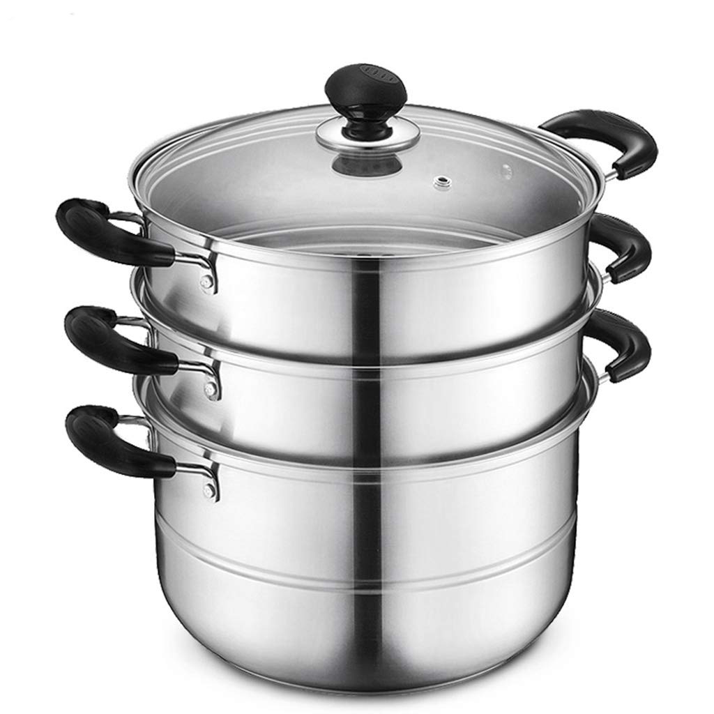 Premium Stainless Steel Large Soup Pot with Tempered Glass Lid & 3-Tier Steamer - 26x26x33cm Turkey Stockpot Cookware Set for Soups, Steaming, and Batch Cooking | Perfect for Family Meals, Holiday Feasts & Restaurant Use