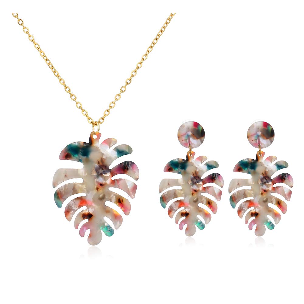BELUCKIN Acrylic Earring and Pendant Necklace Set for Women - Long Statement Leaf Charm Necklace with Resin Palm Leaf Design - Fashion Jewelry Set for Boho, Beach, Party and Everyday Wear