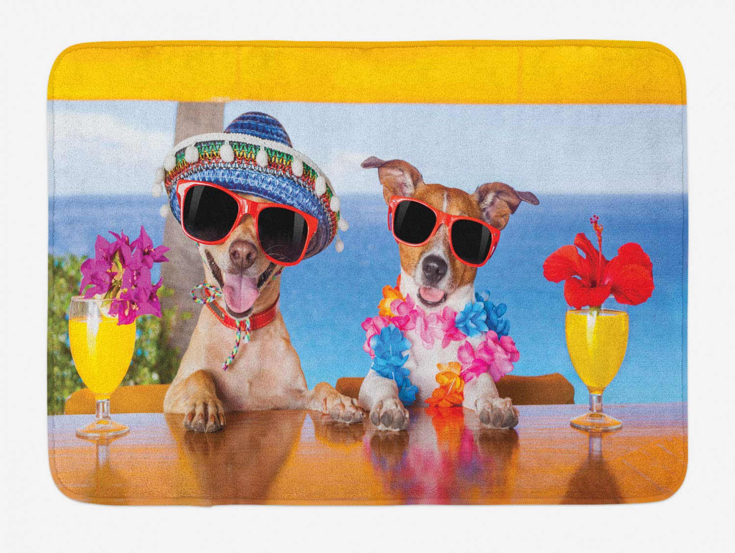 Ambesonne Funny Dog Friends at Bar Bath Mat - Non-Slip Plush Bathroom Decor with Tropical Summer Design, 30.2 x 20 Inches, Multicolor - Perfect for Beach House, Poolside, or Coastal Themed Bathrooms