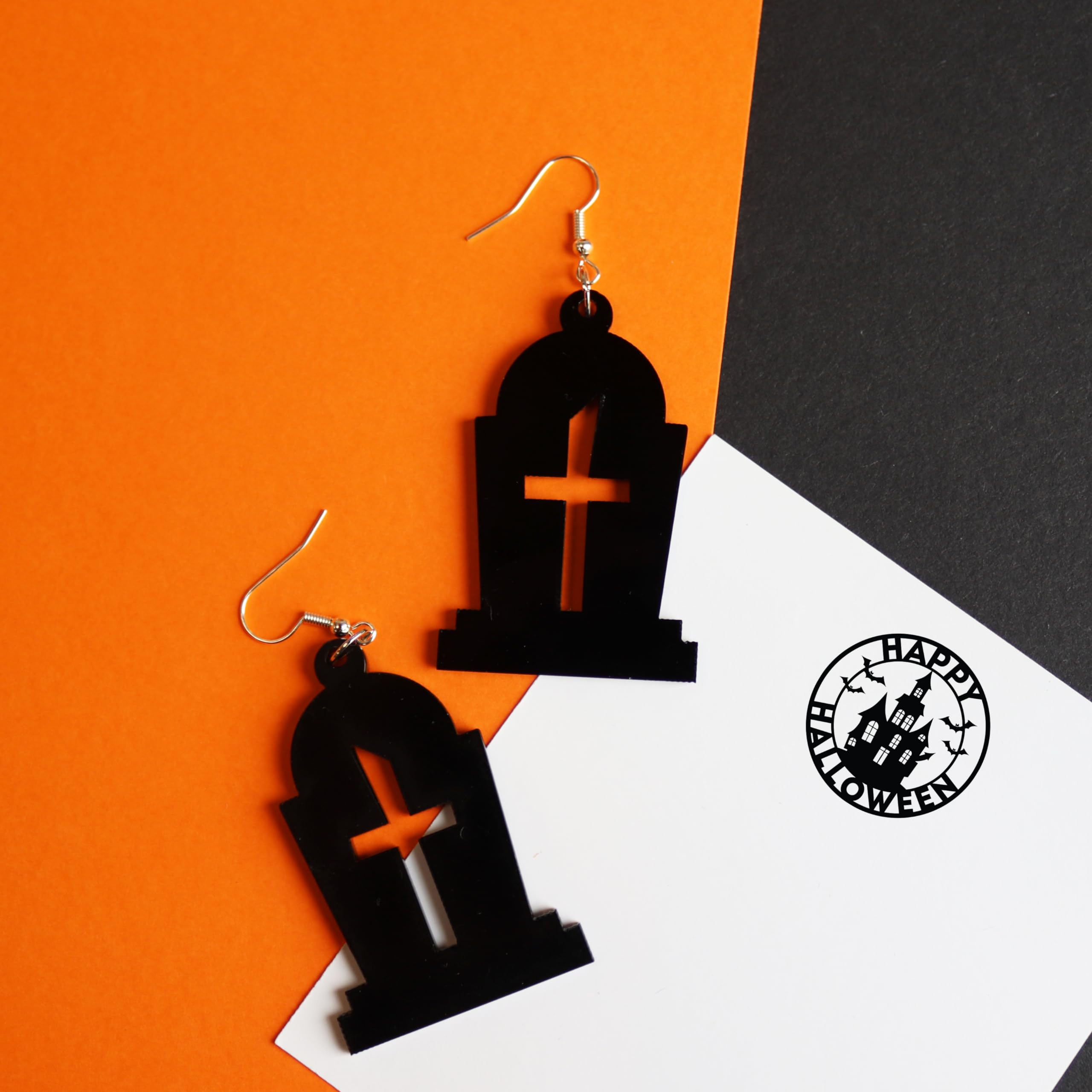 Spooky Halloween Tombstone Earrings - Handmade Recycled Acrylic Dangly Jewelry for Women | Gothic Accessories for Halloween Party, Costume Cosplay & Witch Theme Events | Unique Spooky Gift for Horror Fans