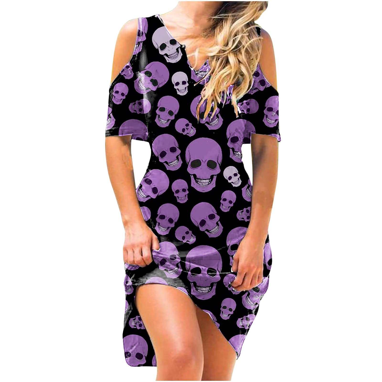 Vintage Floral Skull Print Renaissance Dress for Women - Gothic Halloween Costume with V Neck & Cold Shoulder Design | Perfect for Cosplay, Renaissance Fairs & Themed Parties