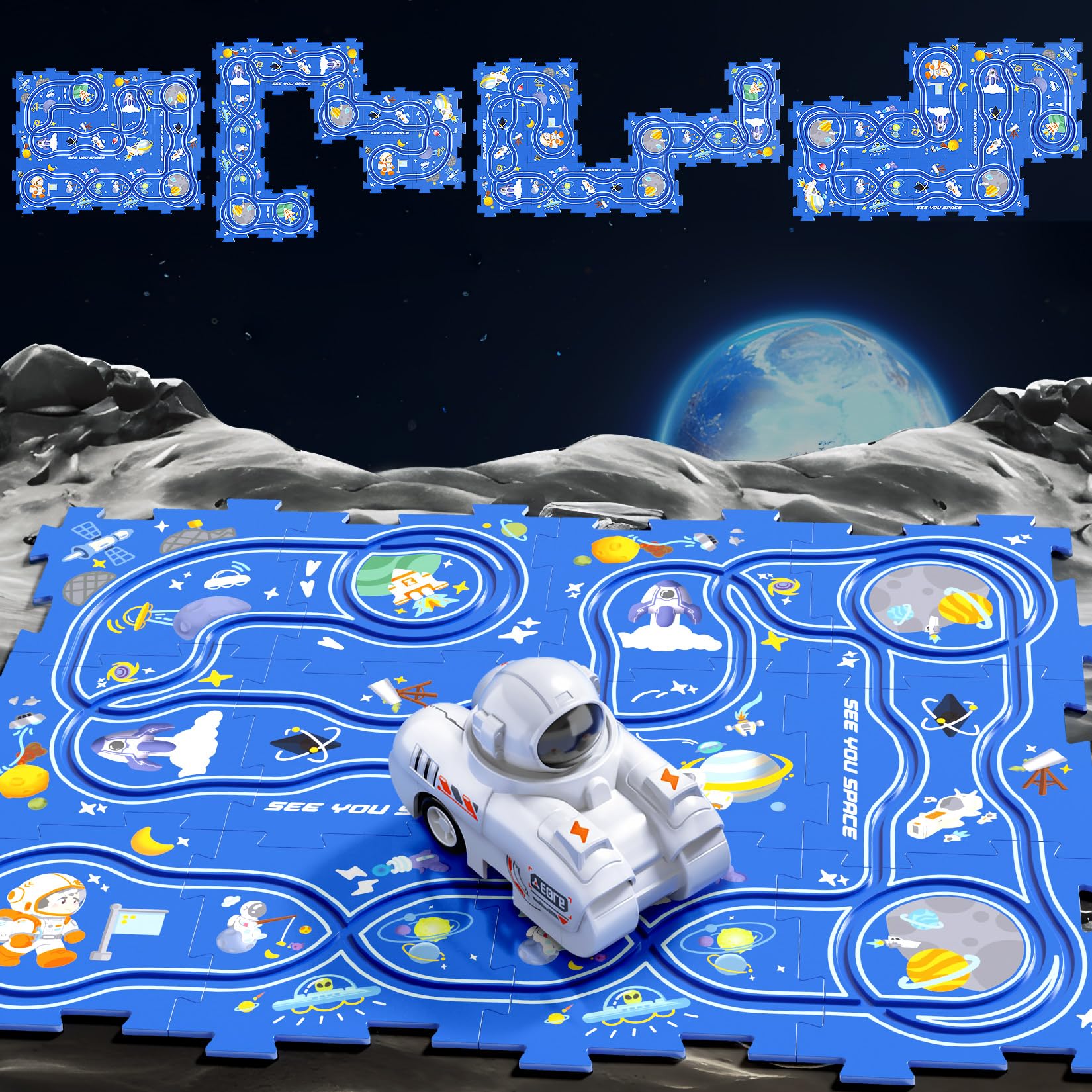 Puzzle Racer Kids Car Track Play Set - DIY Space-Themed Electric Toy Car with Astronauts | Montessori Educational STEM Toys for Toddlers | Christmas Stocking Stuffers & Birthday Gifts for Boys & Girls (Great for Indoor Play & Early Learning Activities)