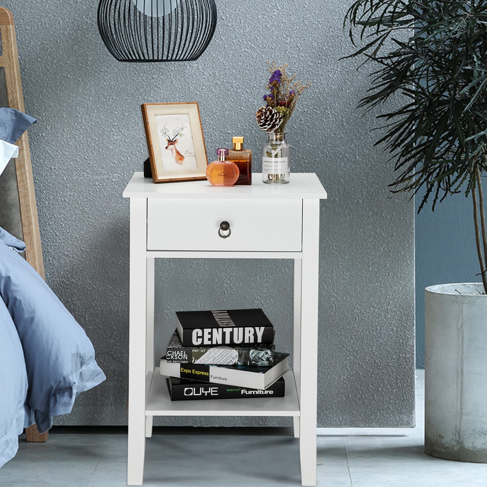 MengK FCH 2-Tier White Nightstand with Drawer - Modern Bedside Table & Coffee Table for Bedroom, Living Room, Office - Perfect for Storage & Organization