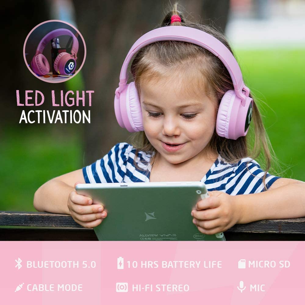 PowerLocus Kids Bluetooth Headphones with LED Lights - Foldable Over-Ear Headphones with Microphone & Volume Limiting | Wireless & Wired for Phones, Tablets, PC, TV | Perfect for Online Learning, Gaming & Travel