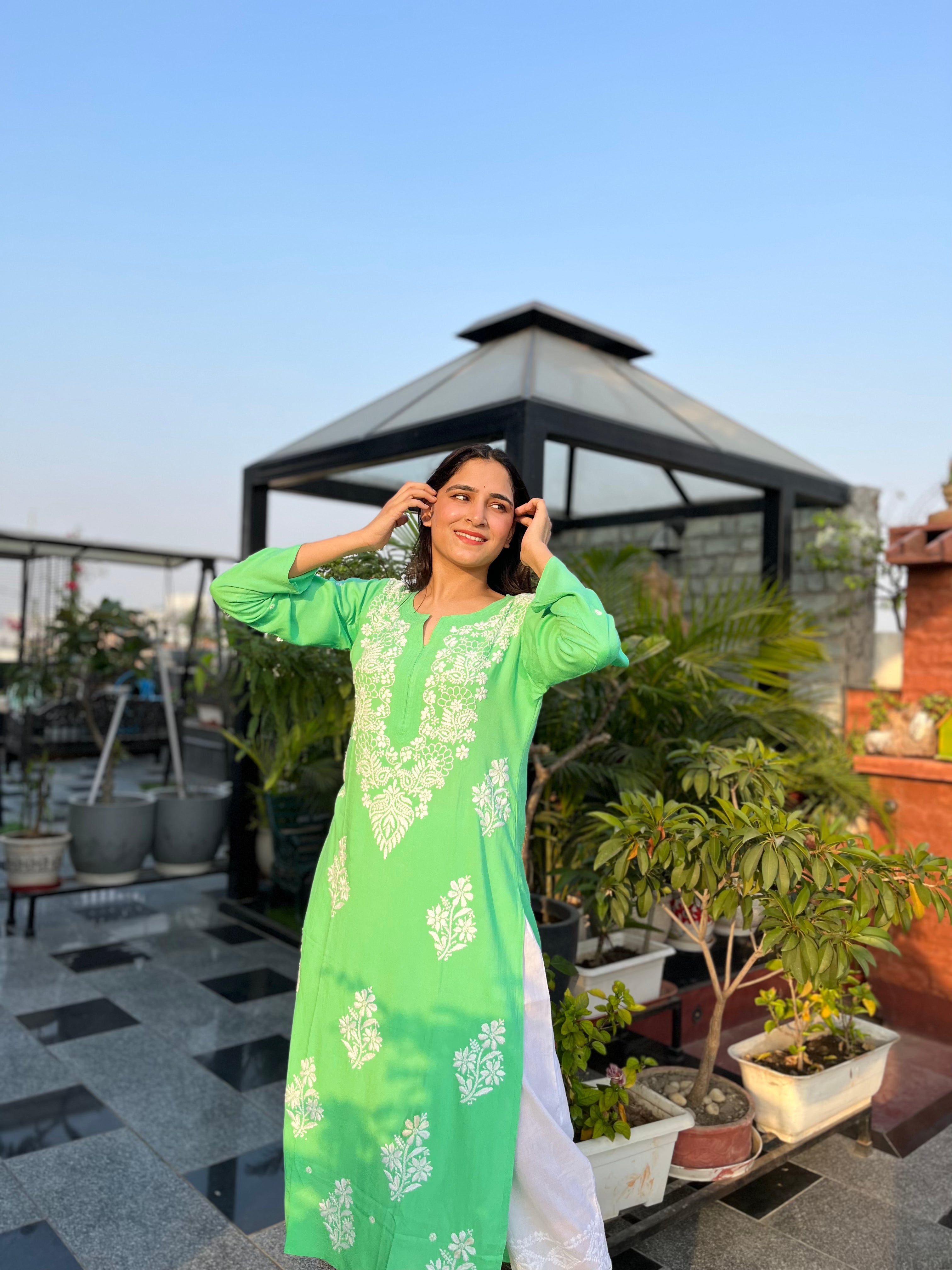 Hand Embroidered Chikankari Kurta for Women - Sea Green Cotton Traditional Indian Tunic - Perfect for Festivals, Weddings & Casual Wear