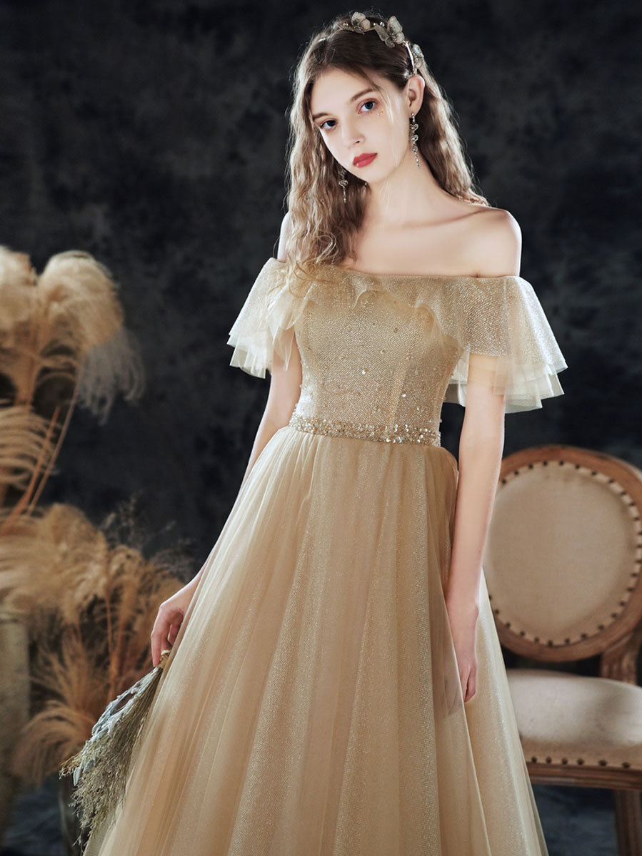 Elegant Champagne Sequin Tulle Long Prom Dress - A-Line Evening Gown for Formal Events, Homecoming, Wedding Guest & Special Occasions