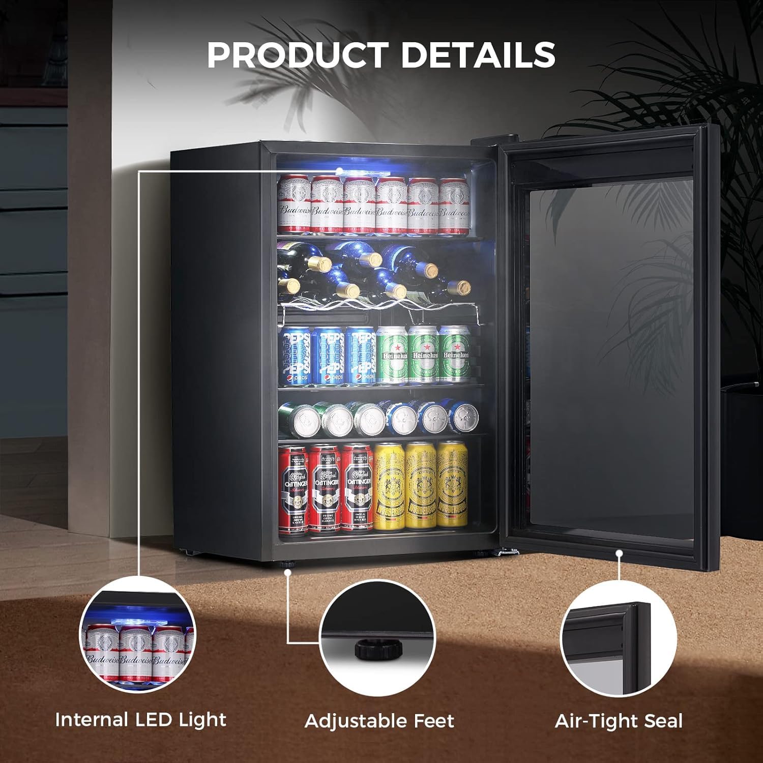Kismile 4.5 Cu.ft Mini Fridge with Glass Door - 145 Can Capacity Beverage Cooler for Soda, Beer & Wine - Digital Temperature Display - Compact Drink Refrigerator for Home, Office, Bar & Game Room (Black) - Perfect for Parties, Entertaining & Everyday Use