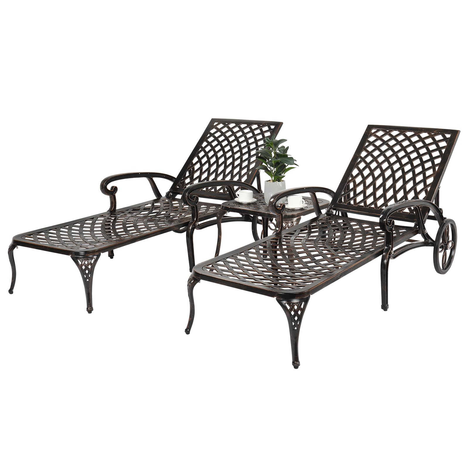 VINGLI Heavy Duty Cast Aluminum Outdoor Chaise Lounge Chair with Wheels - 3-Position Adjustable Backrest Patio Sunbathing Chair for Poolside, Beach & Backyard Relaxation (Bronze, Cushion Not Included)
